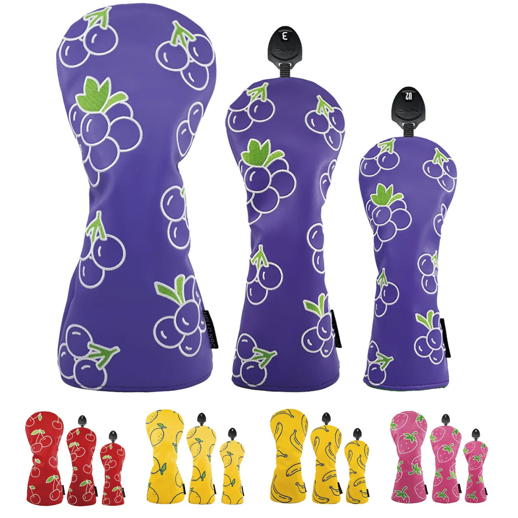 3pcs Golf Head Covers for Driver & Woods - (Fruits Style）Premium PU Material Head cover