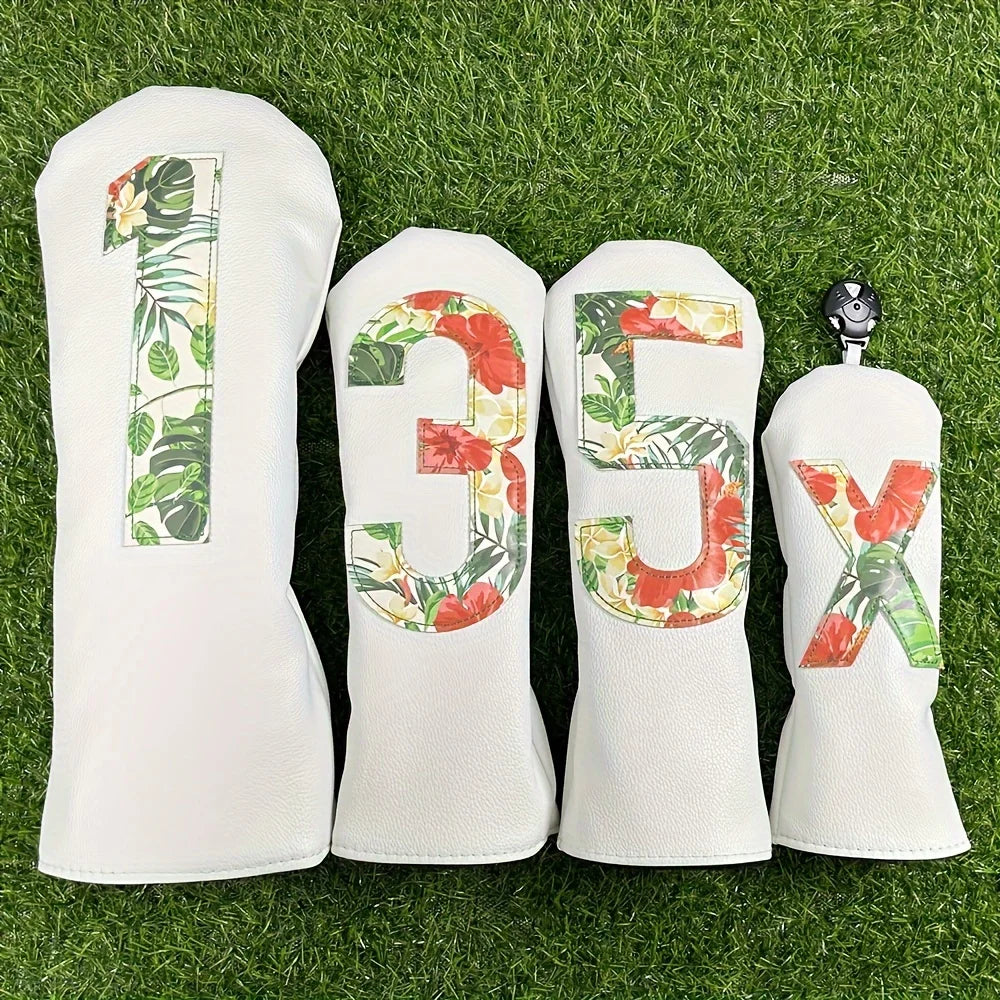 Tropical Rainforest Flower Cloth,Golf Club Driver,Fairway And Hybrid Head Cover PU Leather Head Cover With Large Number Pattern.