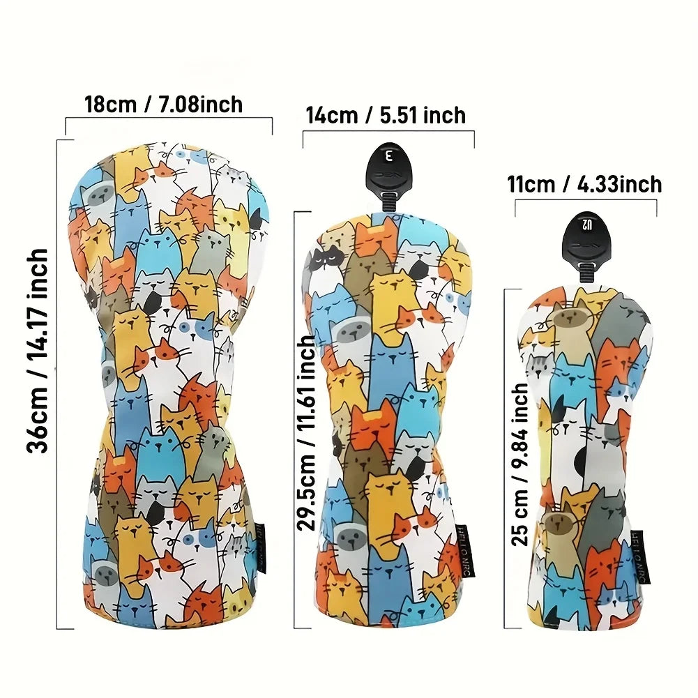 1pc/3pcs Golf Head Covers for Driver & Woods - Premium PU Material Head cover, Designed to Fit All Woods and Drivers (Cute Cats